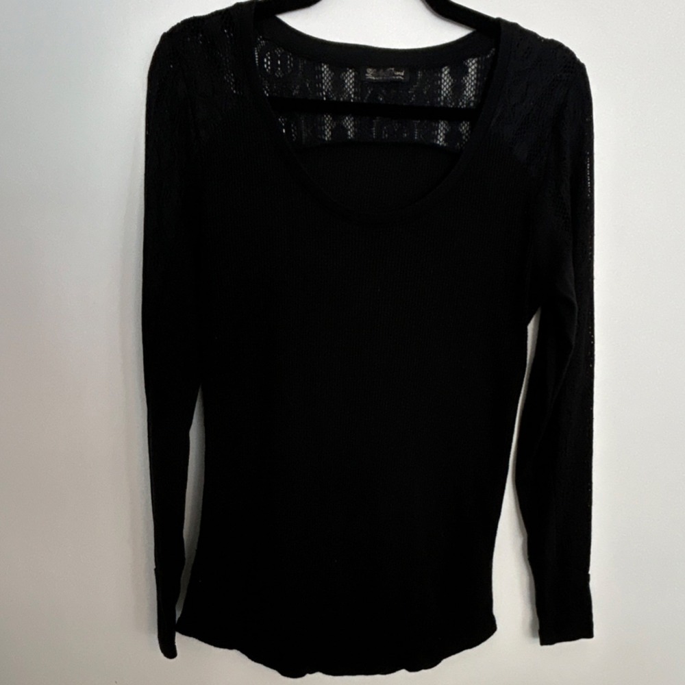 Lucky Brand Black Knit Lace Accent Scoop Neck Blouse L Long Sleeve Women's